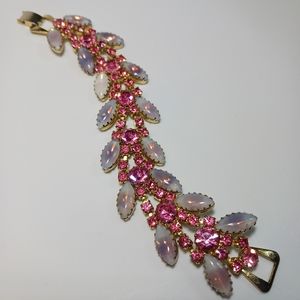 Vintage Pink Givre Moonstone Pink Rhinestone & Gold Tone Bracelet